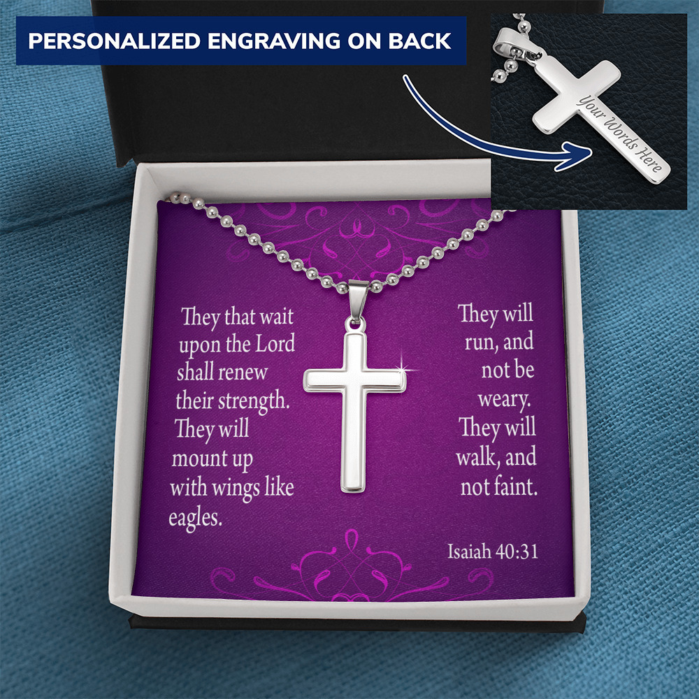Wait Upon The Lord Isaiah 40:31 Cross Necklace Message Card W Ball Chain Pendan